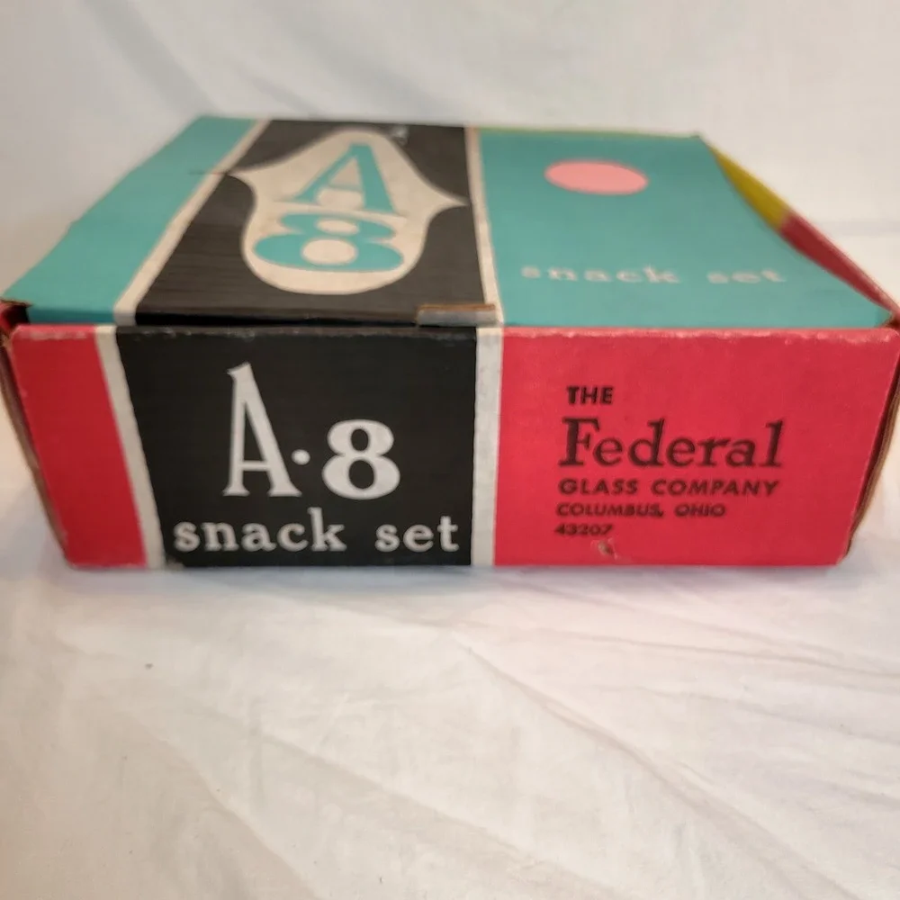 Federal Glass Snack Set A-8 Clear Homestead Pattern Vintage 8 Piece Set Boxed